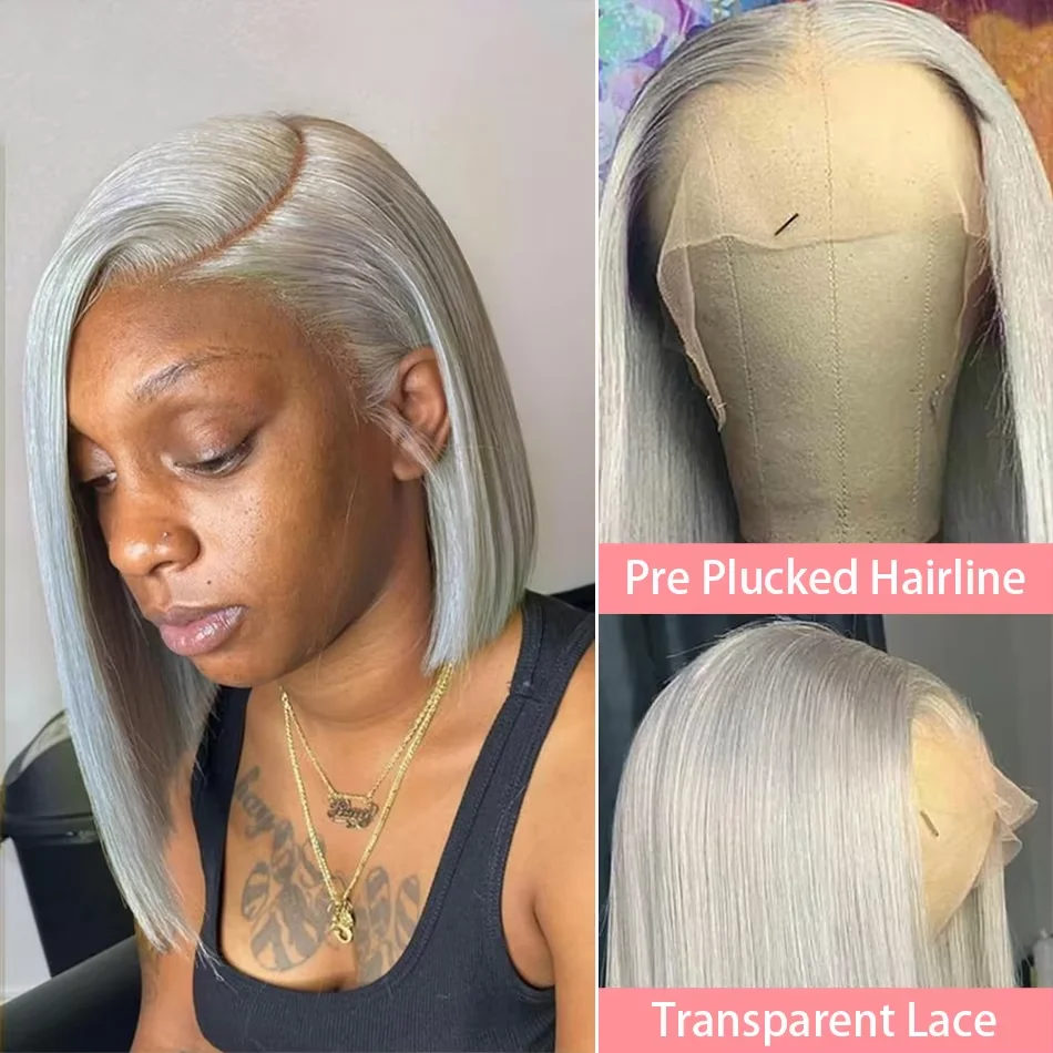 Grey Bob Human Hair Wigs Lace Front Silver Grey 13X4 Lace Frontal Bob Wig Pix Cut Straight Colored Human Hair Wigs 200% Density