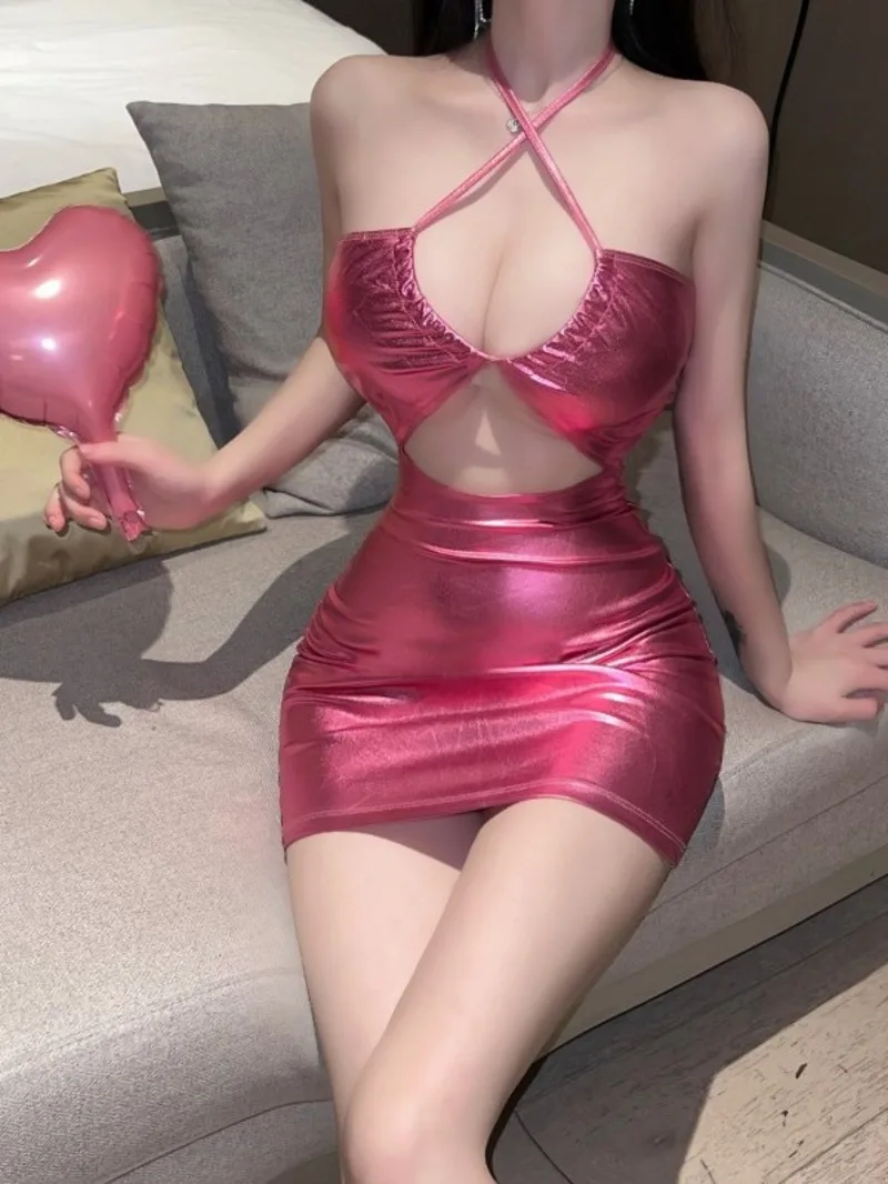 

WOMENGAGA Rose Red Pu Sparkling Leather Mini Dress Sexy Spicy Girl Bright Hanging Neck Dress Elegant For Women Sexy P8SY