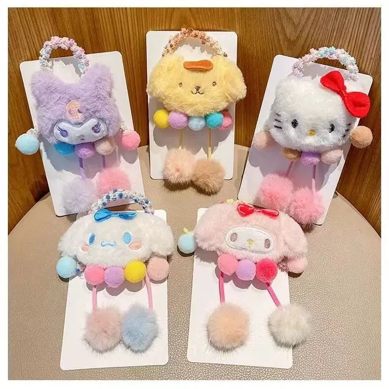 

Детские головные уборы Kuromis scrunie, кожаная повязка из синнамичной шерсти с мультяшным рисунком для девочек, украшение для волос с шариком для конского хвоста