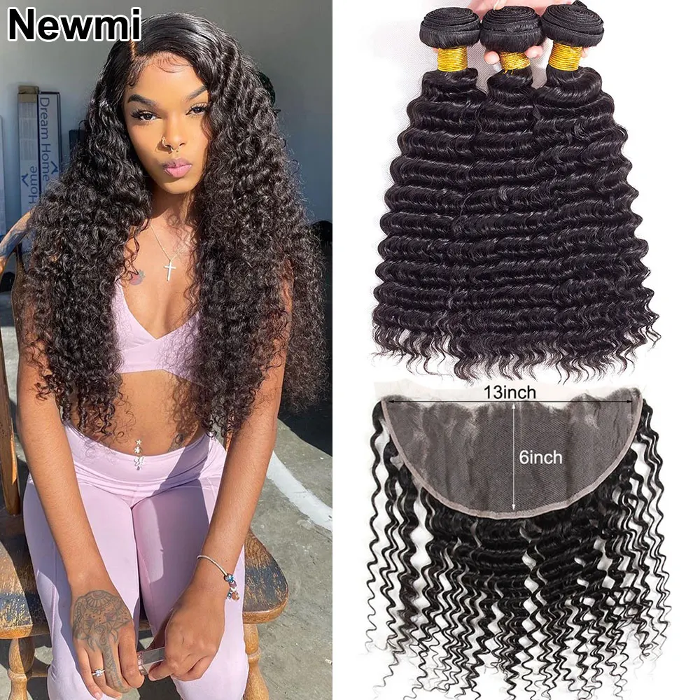 

30 Inch Deep Wave Bundles with 13x6 Lace Frontal Closure Newmi Deep Wave Human Hair Bundles and Transparent Lace Frontal