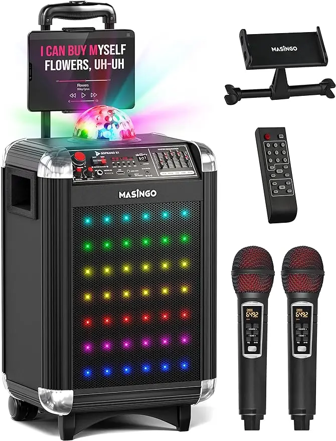 

MASINGO Karaoke Machine for Adults and Kids with 2 Bluetooth Wireless Microphones. Portable Singing PA Speaker System with Disco