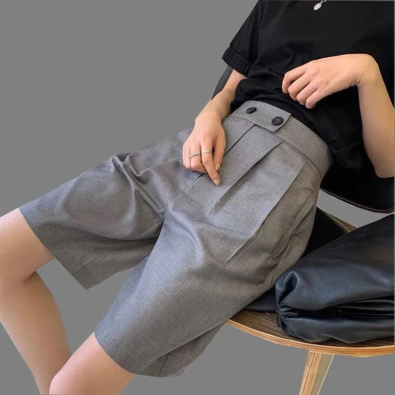 

Korean Office Suits Shorts for Women Fashion Double-bottons High Waist Knee-length Pants Woman Summer Casual Short