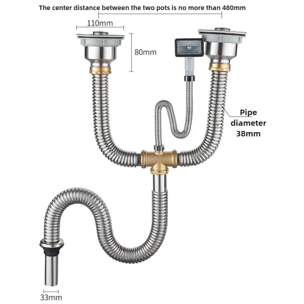 Stainless Steel Double Bowl Kitchen Sink Drain with Anti-Odor Pipe Copper Fittings and Sealing Ring Complete Drainage Kit