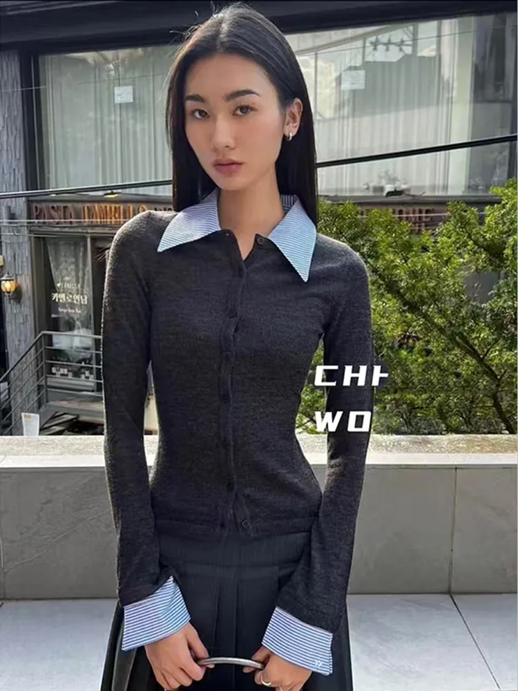 Openyy striped splicing fake two-piece slim fit knitted cardigan sweater wool base sweater 6
