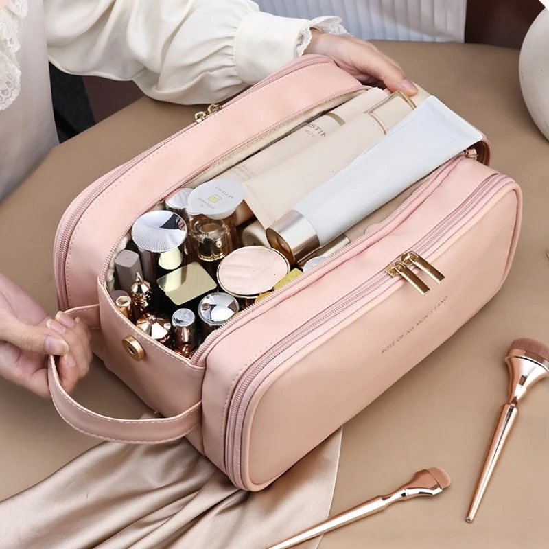 Multifunctional Makeup Bag For Women PU Leather Large Capacity Portable Double Zipper Travel Makeup Brush Toiletries Storage Bag