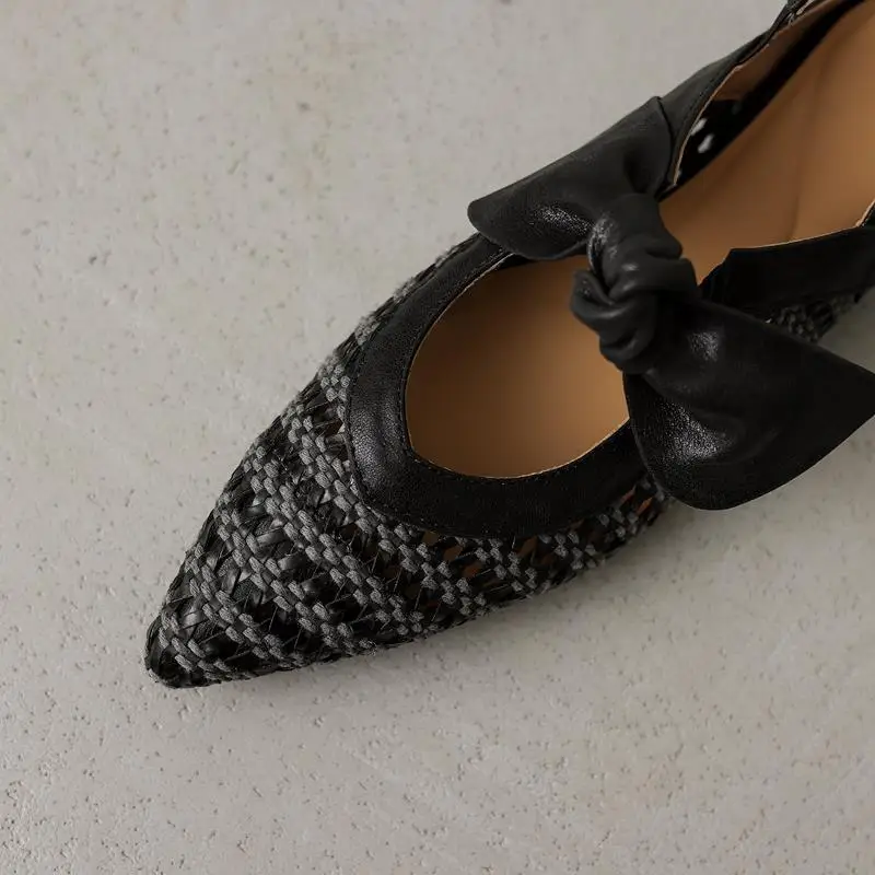 Women's Size 34-40 New Genuine Leather Sandals Slingbacks Bowtie Low Heels Weaving Pointed Toe Summer Shoes