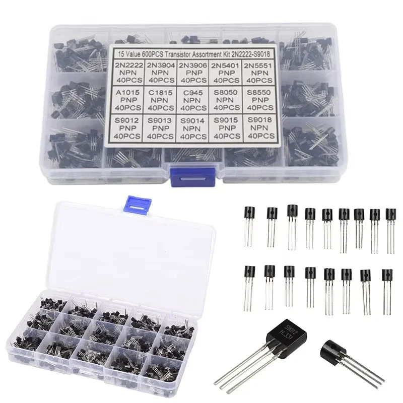 600pcs/box Triode Transistor kit TO-92 Three Pin Transistor Assortment Kit Set for 15 Value 2N2222-S9018