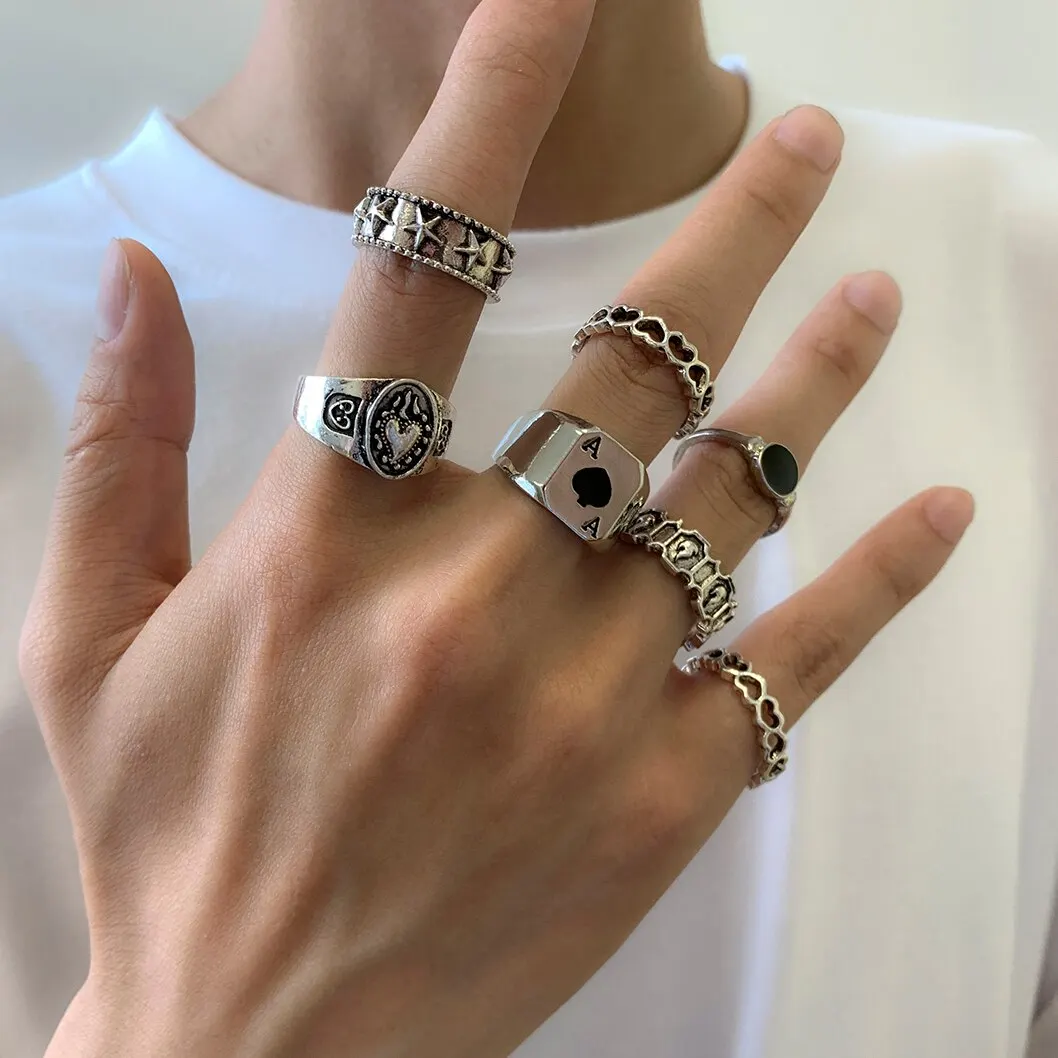 7Pcs/Set Goth Carved Heart Poker Antique Silver Color Rings