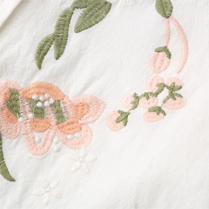 Plus Size Women's Blouses Autumn New V-Neck Embroidered Flower Long Sleeve Washed Cotton Linen Shirt 5228