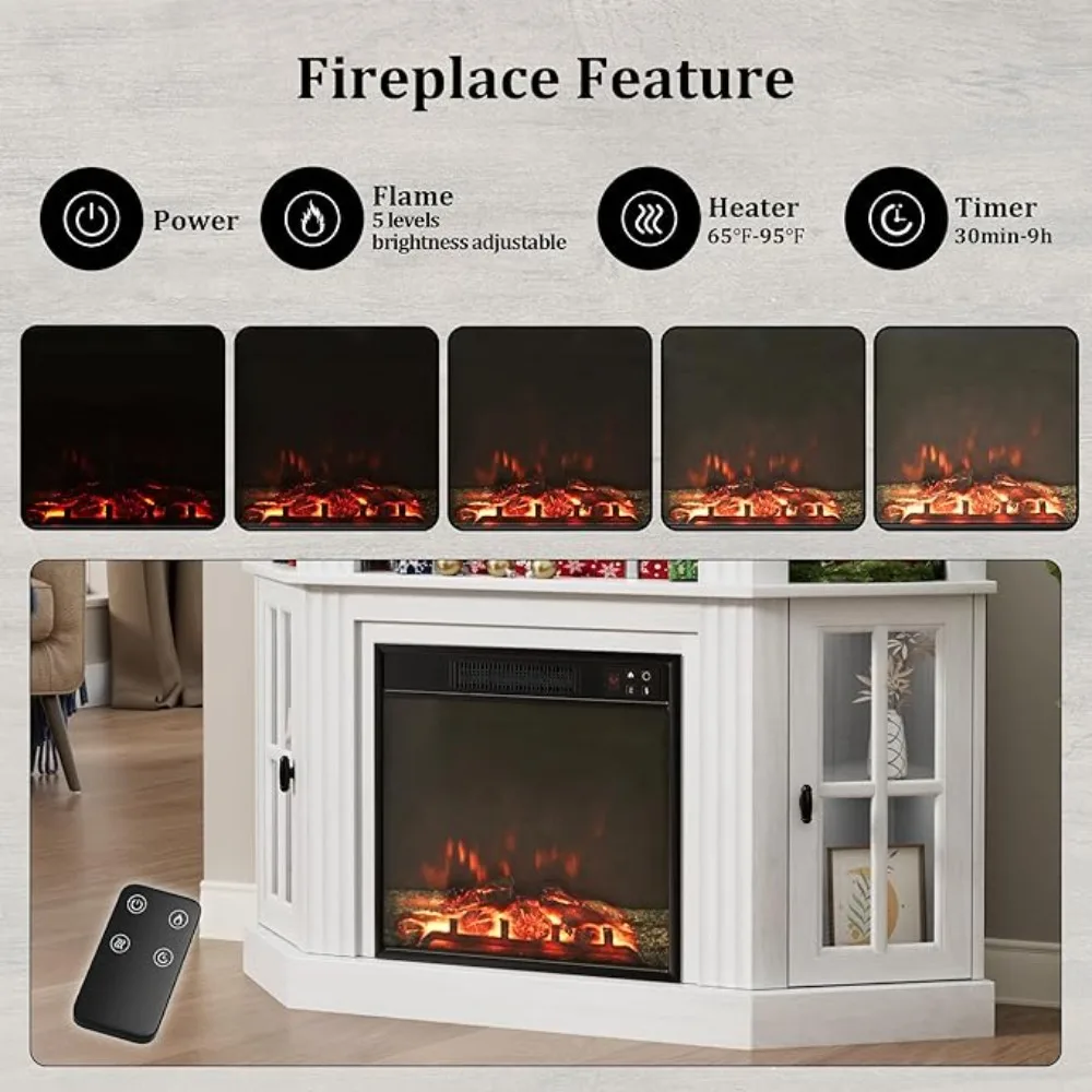 Fireplace Corner TV Stand, Entertainment Center with 18" Fireplace, TV Console Table with Glass Door Storage Cabinet (White) 2