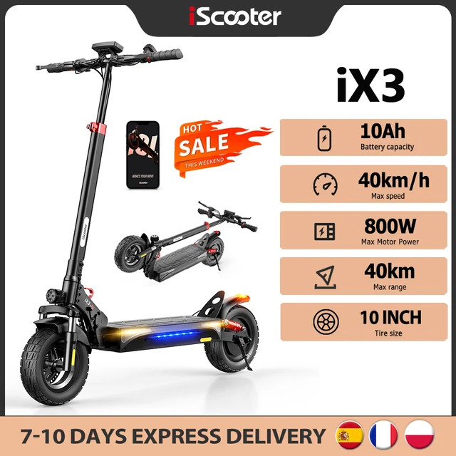 Trottinette électrique iScooter iX3 48V10Ah 800W, autonomie 30-40 km, vitesse 40 km/h, pneus tout-terrain de 10 pouces, pliable, avec application. 1