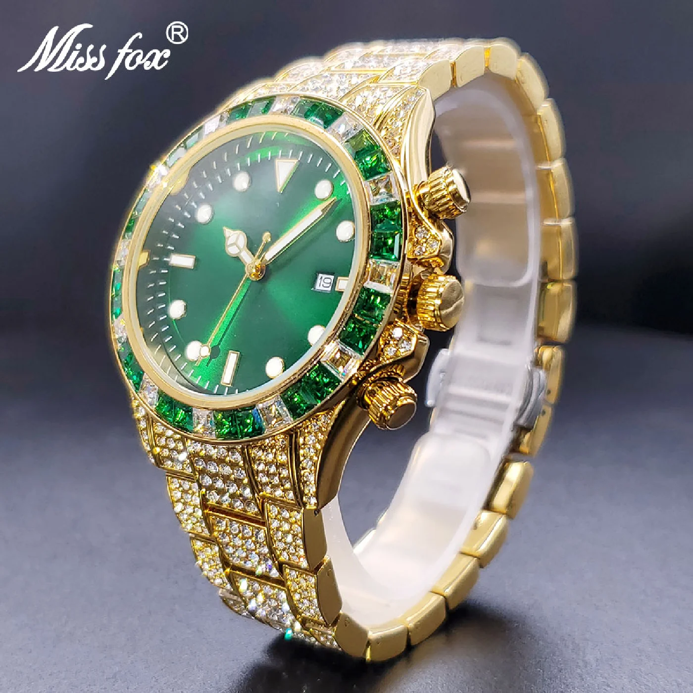 

Gold Men Wristwatch Clock Diamond Iced Drop Japan Movement Quartz Watch Green Design Waterproof Alarm Clock For Man Dropshipping