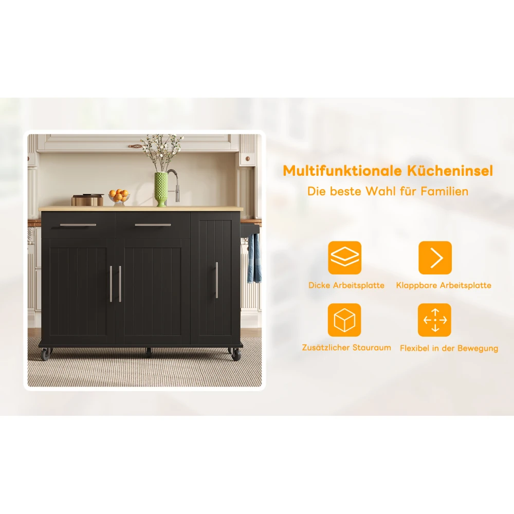 Kücheninsel mit Drop Leaf, Aufbewahrungswagen mit 3-stufig ausziehbarem Schrank-Organizer, internes Lagerregal, Rollwagen auf Rädern – Detail 36