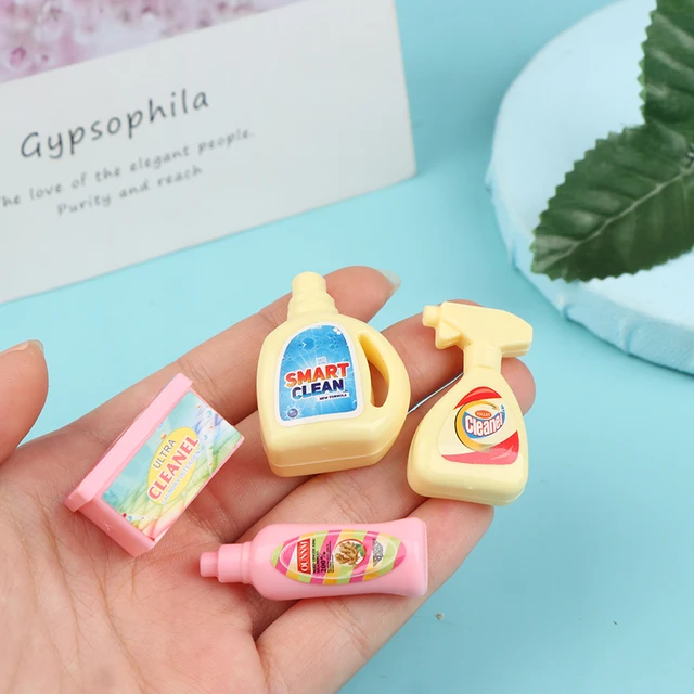 4Pcs/Set 1:12 Dollhouse Miniature Cleaning Set Laundry Detergent Soap Household Washing Kit Pretend Play Doll House Accessories 4