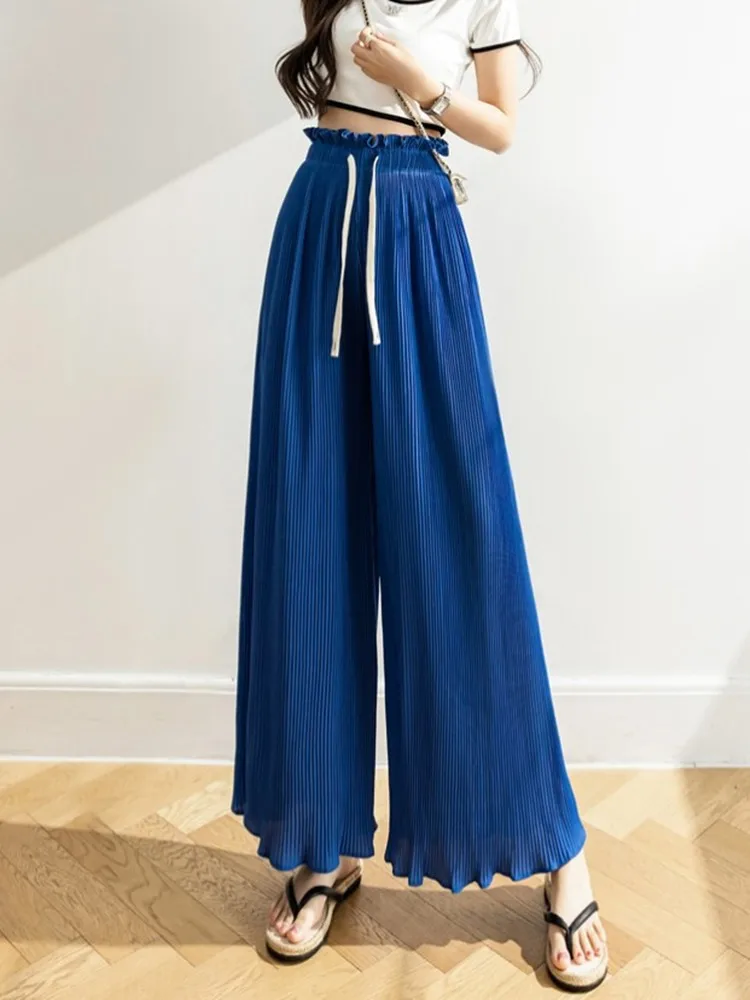 Lady Streetwear Wide Leg Pants Women Chic Party Pleated Elastic High Waist Loose Trousers Summer Casual Flowing Chiffon Pants