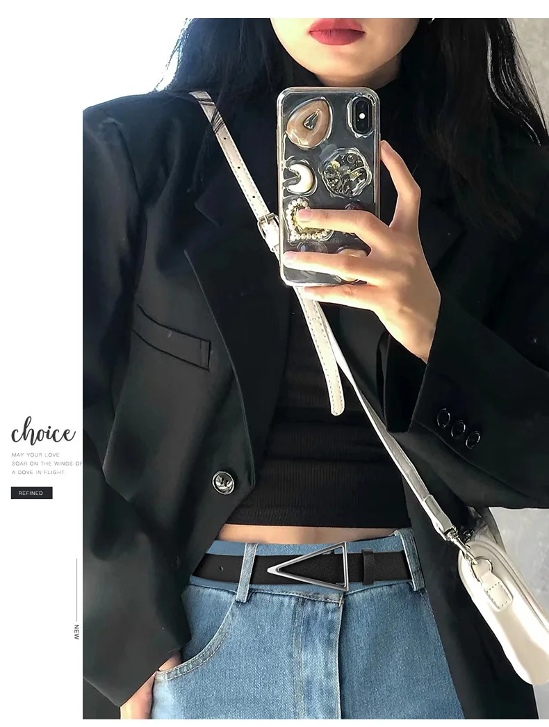 2023 New Wide Belt Women's BV True Cowhide Triangle Smooth Buckle Belt Minimalist INS Style Suit Dress Belt