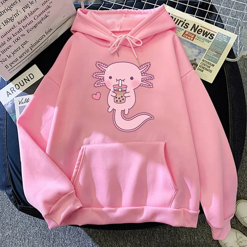 

Fashion Cute Axolotl Drink Boba Tea Graphic Printed Long Sleeve Sweatshirt Women's Hooded Autumn and Winter Hoodies/Sweater