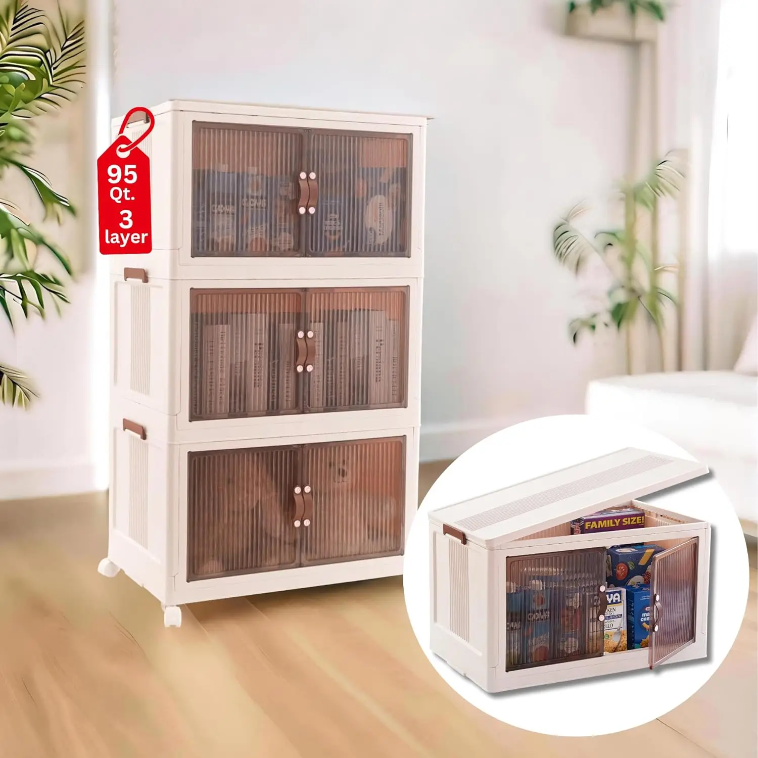 

95 QT 3 Tier Folding Storage Bins with Doors – Magnetic Door Foldable Storage Cabinet - Folding Storage Box with Leather Handles