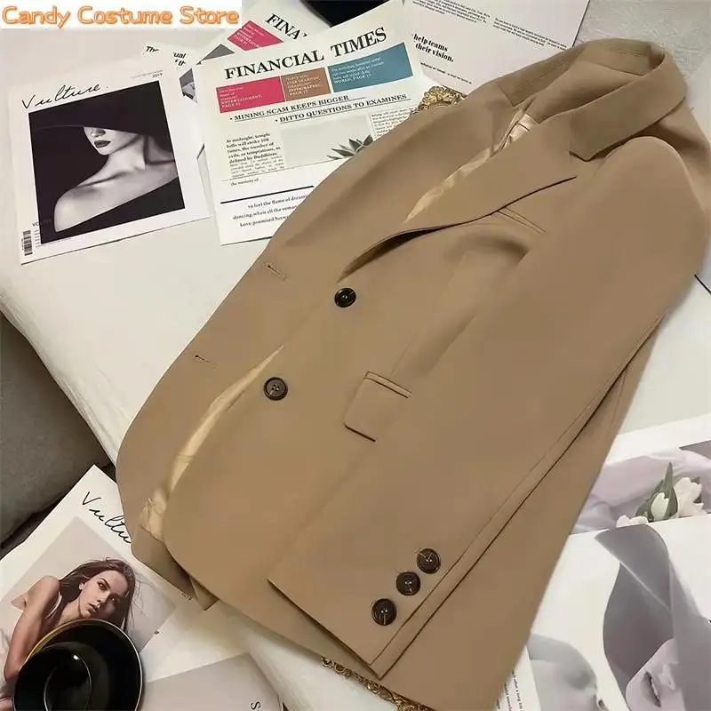 Khaki Blazers Outerwear Spring Autumn Suit Jacket Women Vintage Blazers Solid Single-breasted Casual Coat Lady Black Pink