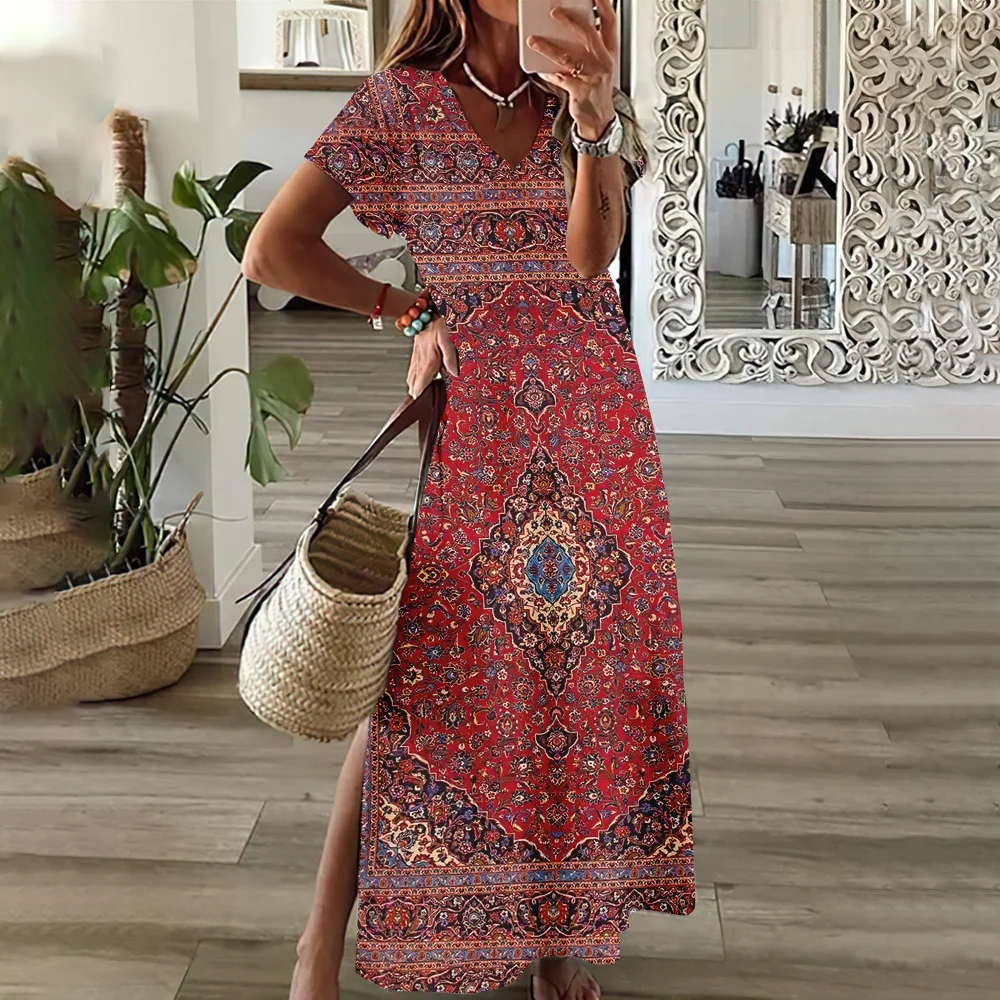 thumbnail image 1 of Vestidos para mujer, moda, cuello en V, vestido largo diario, manga corta, falda de mujer, estilo bohemio, vestidos con abertura, ropa de verano para mujer, 1 of 2