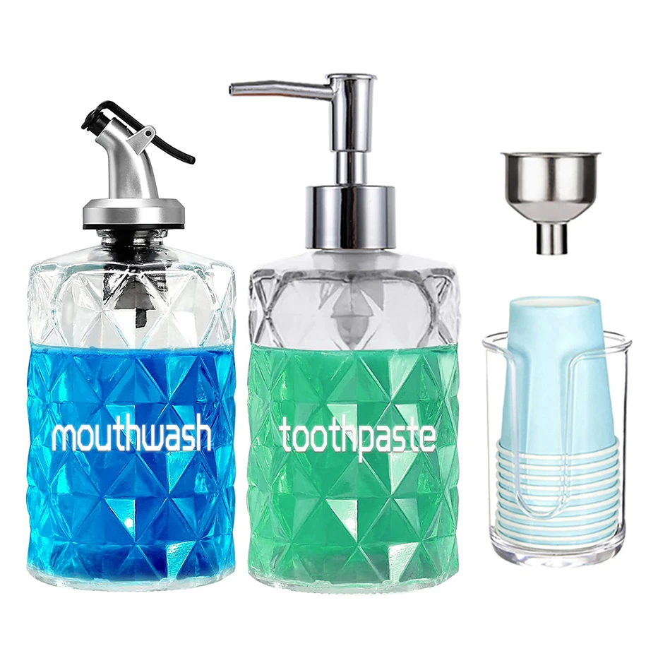 Glass Mouthwash Dispenser Clear Mouth Wash Bottle with Pour Spout Shot  Glass Funnel and Labels Refillable Boston Round Bottles