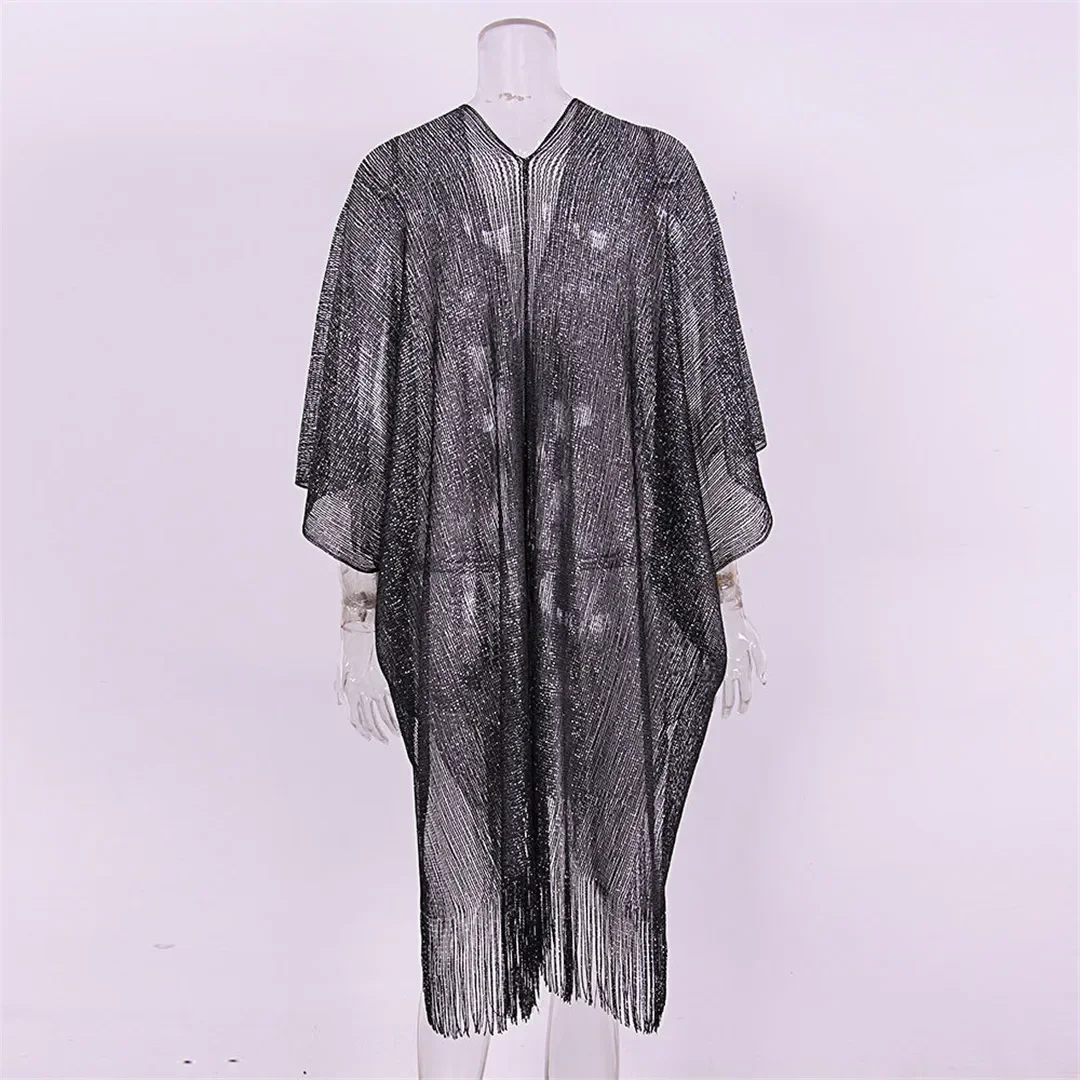 Sexy Fringe Tassel Mesh Sheer Shiny Knitted Tunic Beach Cover Up Cover-ups Beach Dress Beach Wear Beachwear Female Women