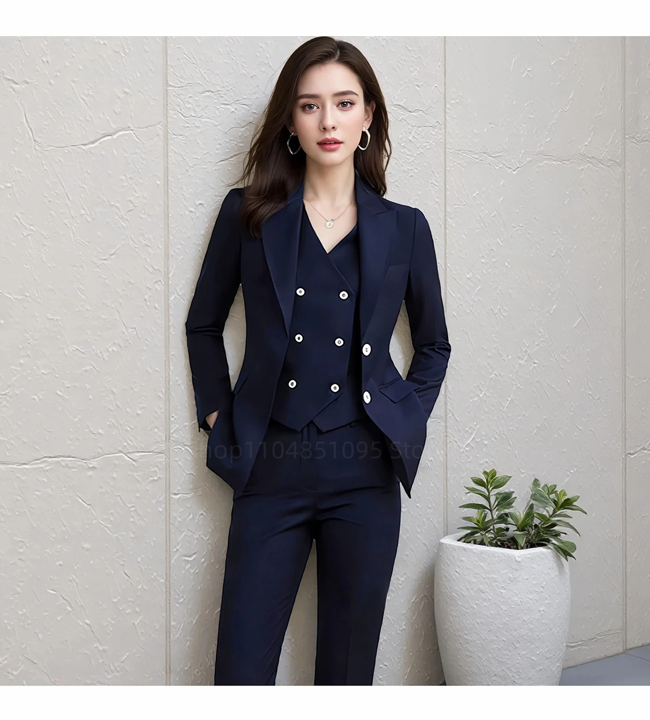 Navy Blue Slim Fit Women's Business Suit 3 Piece Set with Blazer Vest Pants for Office Work Formal Wedding Pant Suits Outfit