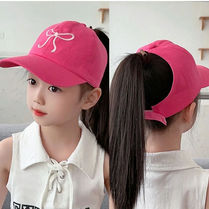 Bowknots Hollow High Ponytail Caps Kids Baseball Caps For Boys Girls Adjustable Empty Top High Ponytail Summer Sun Hats