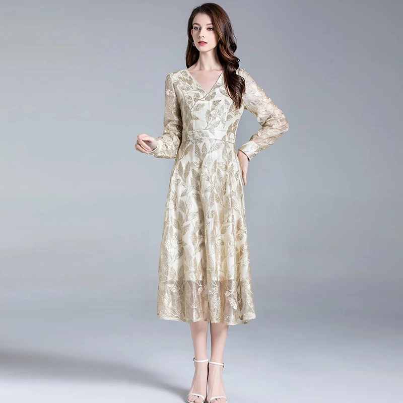 

MIUXIMAO 2022 New Summer Women's Clothing V-Neck Long Sleeve Slim Waist Printing Dress Fashion Elegant Office Style