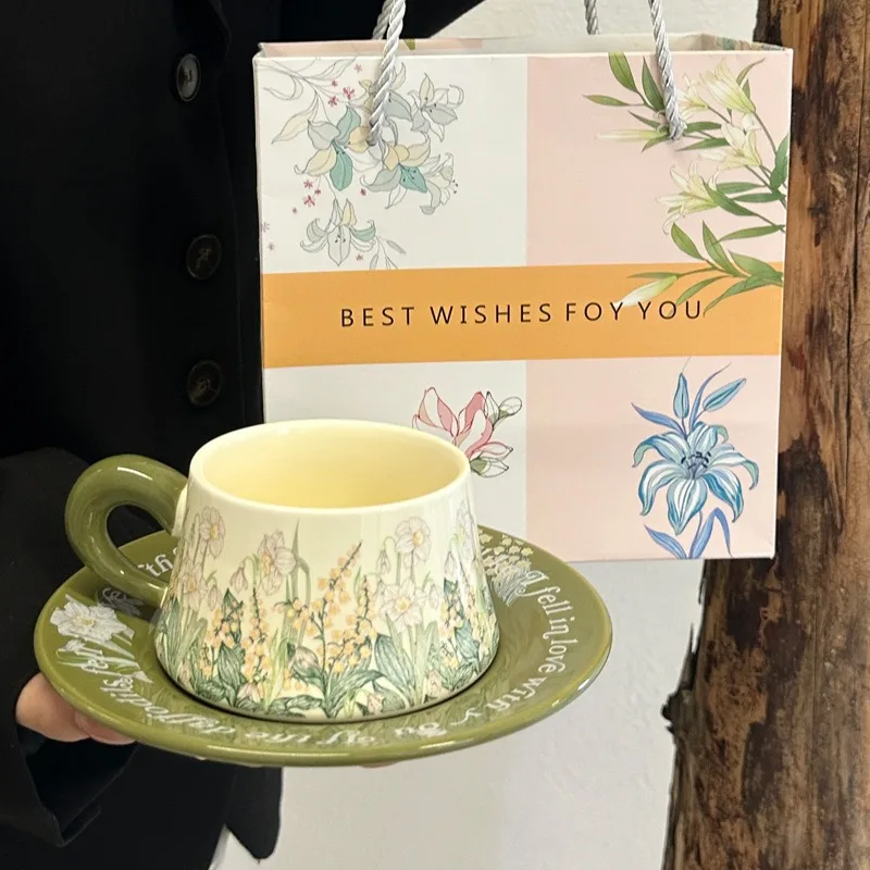 Luxury Unique Ceramic Coffee Mug - Oil Painting Clover Windbell Flower, Elegant Cup Saucer Gift for Women Elegant Ceramic Mug