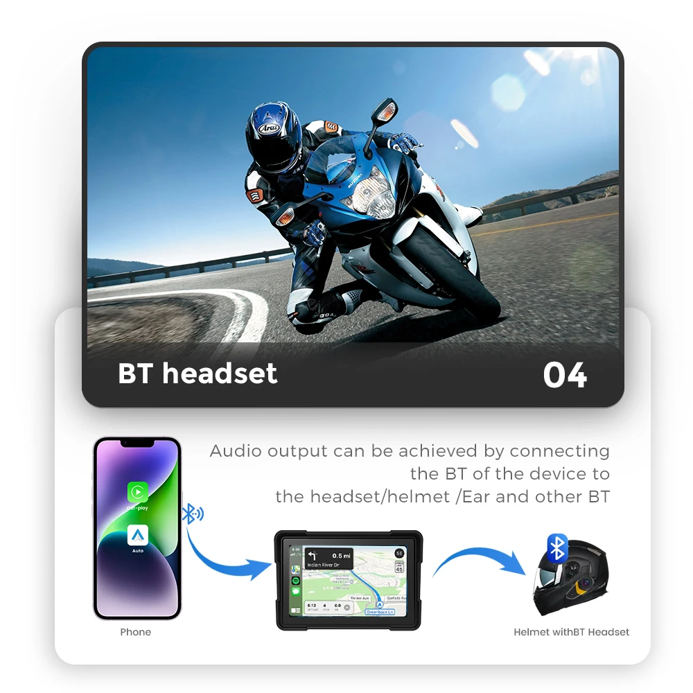 NaviFly 5 Inch Motorcycle Waterproof Wireless Android Auto Carplay Portable Monitor Link Navigation Dual DVR