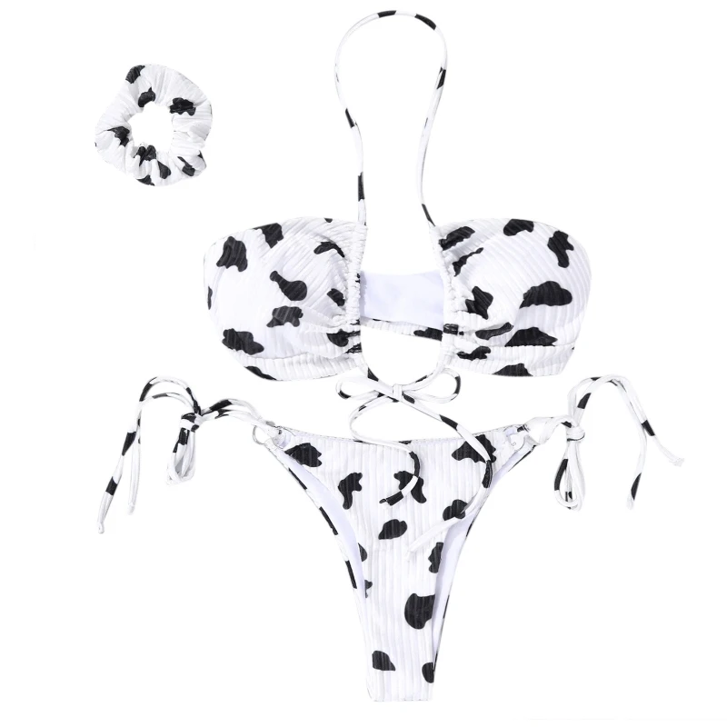 

Cow Print Floral Swimsuit Cup Push Up Halter Set Swimwear Bathing Suit