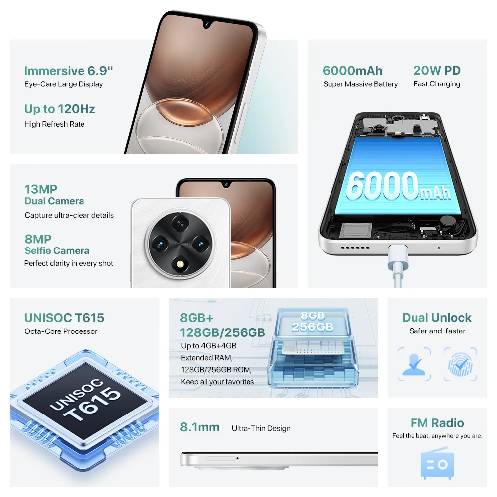 UMIDIGI G100A Android 14 Smartphone 6.9"120Hz HD+ Display 4+4GB 128GB 13MP+8MP Camera 6000mAh Battery Dual SIM Cellphone 2