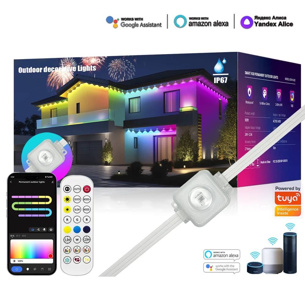 Outdoor Smart Bluetooth Eave Light, Multi-Function App Control, Eaves Lights, IP67 Waterproof, RGB, Garden Light, Tuya, 15m
