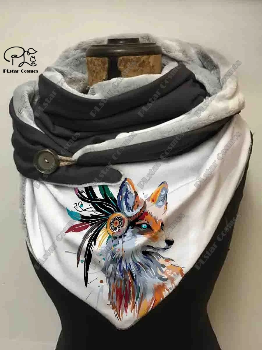 3D printing animal series cute fox fallen leaves snowflake pattern women's warm shawl spring and winter small triangle scarf H-4