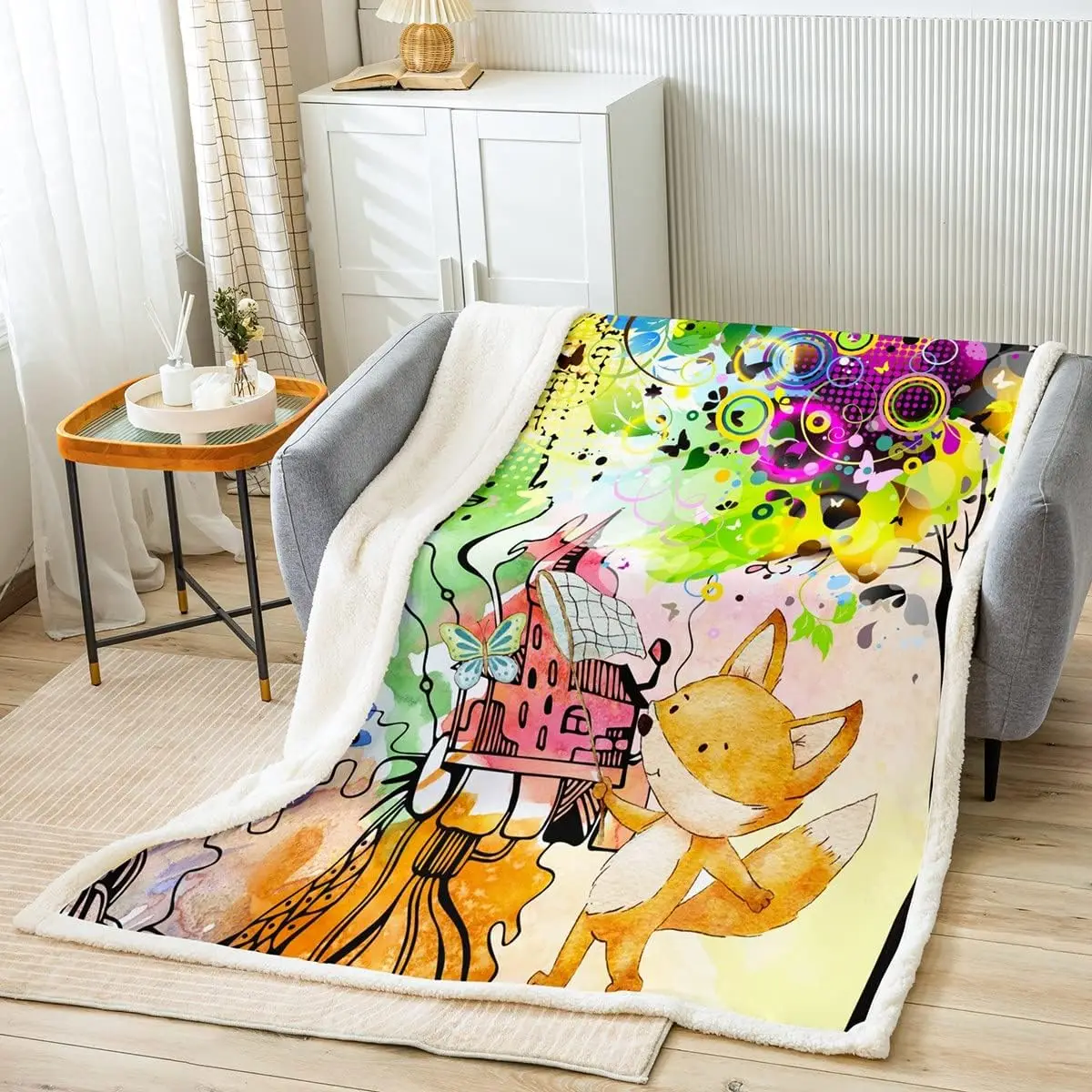 

Акварельное одеяло, милое мультяшное одеяло с лисой для дивана, покрывало для кровати с деревьями, цветами, бабочками для детей, мальчиков и девочек