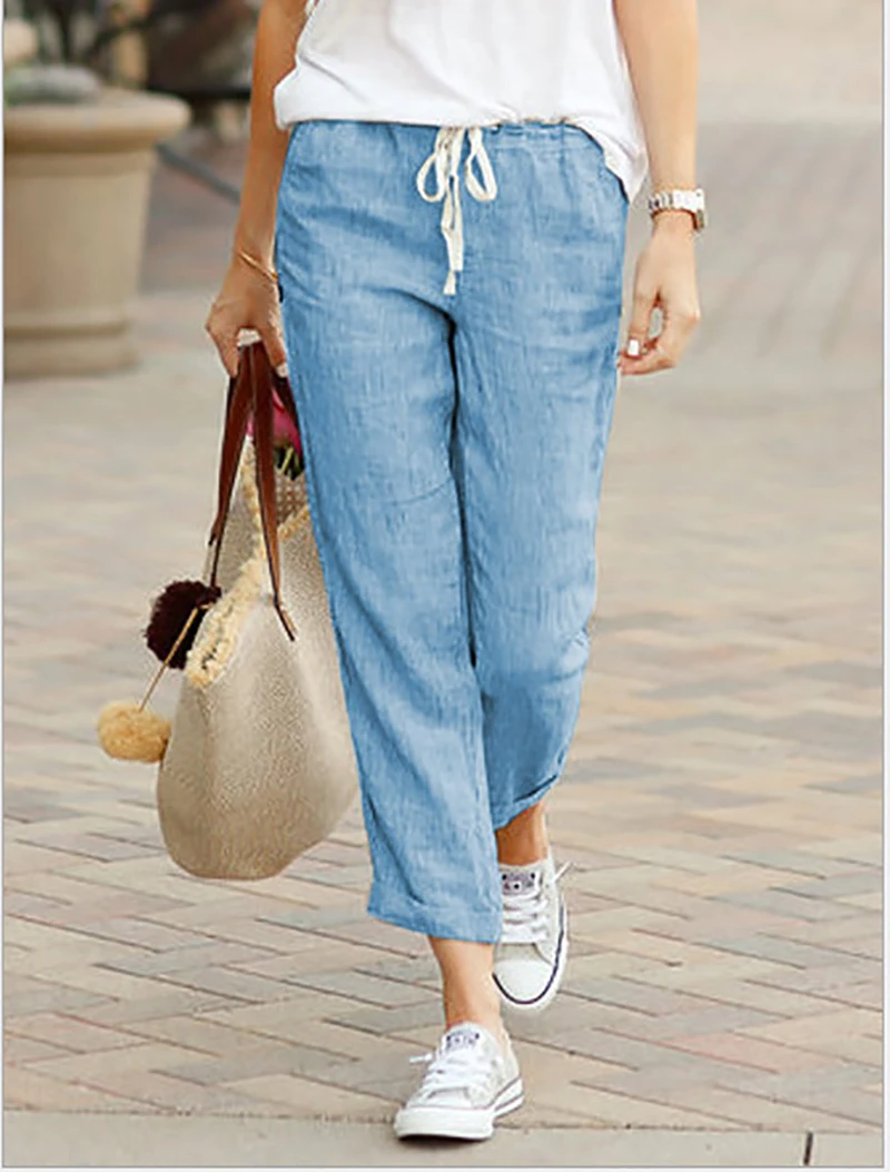 2024 New Women's Cotton Linen Pants Bottoms Trousers Clothes Ladies Summer Casual Loose Straight Solid Color Elastic Waist Pants
