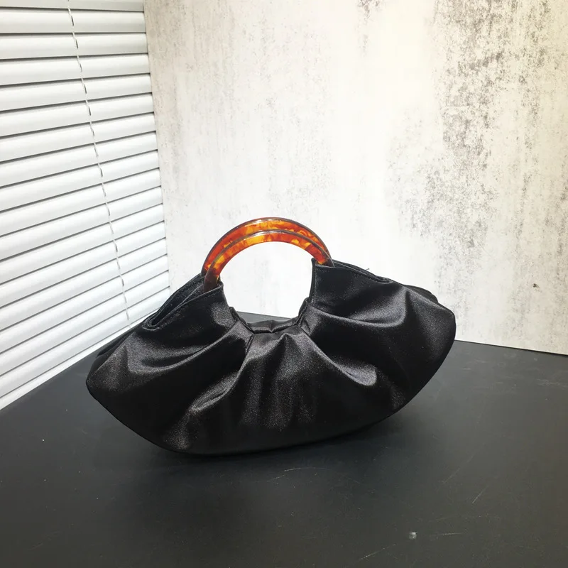 Retro Elegant Satin Small Clutches Solid Purple Red Black Handbags Wedding Party Evening Bag For Women Fashion Cloud Handbag