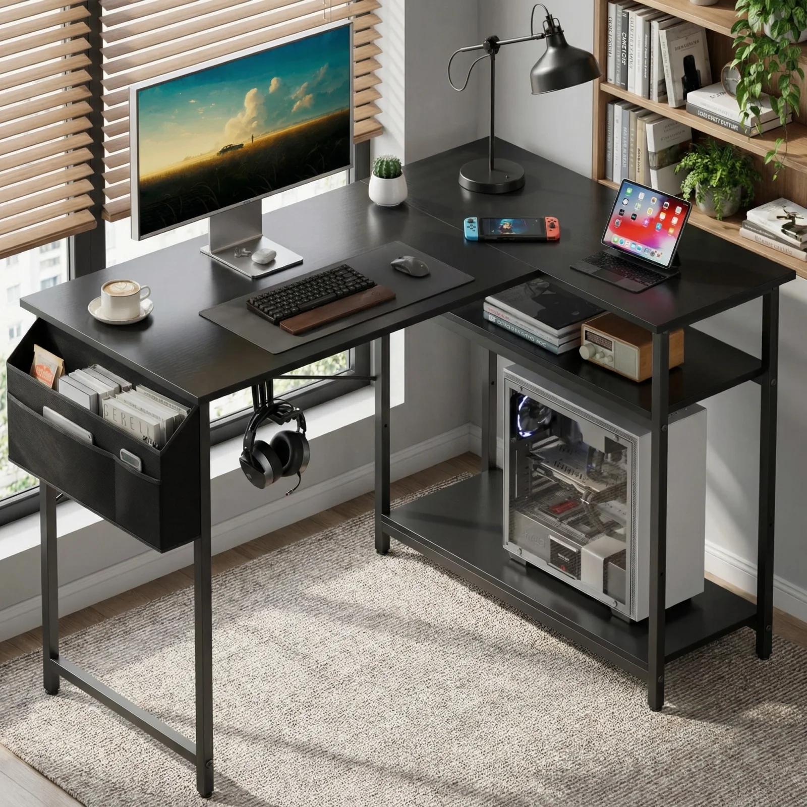 110cm Corner Office Desk, L-Shaped Gaming Desk with Storage Shelves, Computer Desk L Shape with Headphone Holder & Storage Bag