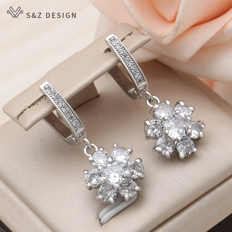 S&Z DESIGN New Fashion Cubic Zirconia Lovely Cute Snowflake Dangle Earrings For Women 585 Rose Gold Color Temperament Jewelry