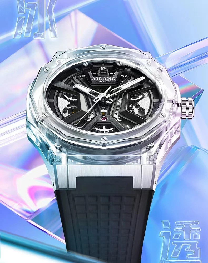 Montre mécanique de sport pour hommes de marque AILANG, bracelet en caoutchouc de luxe, étanche, aiguilles lumineuses, mode squelette, montres automatiques pour hommes_voghion.com