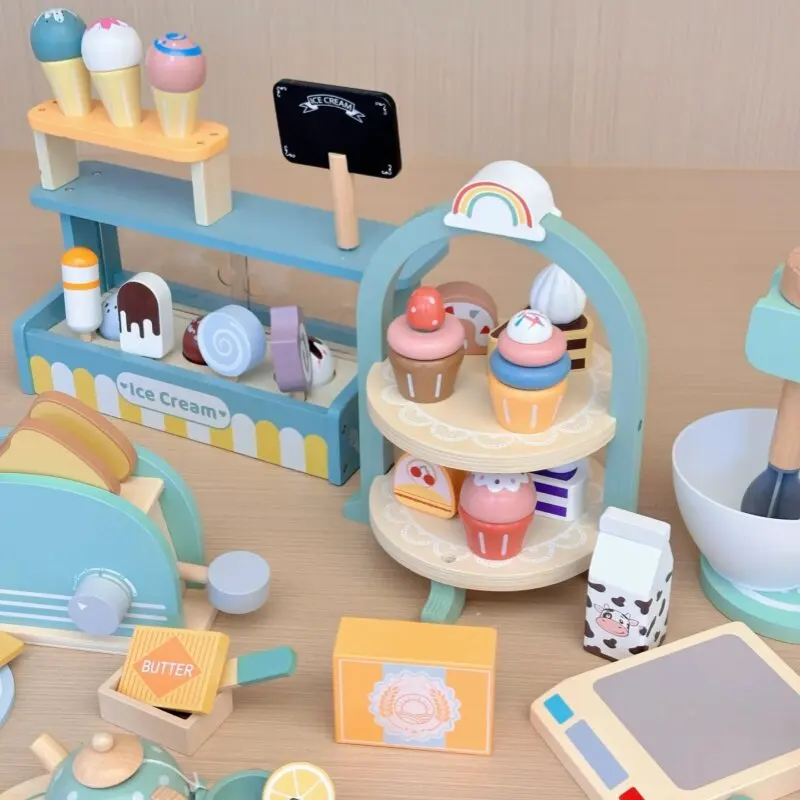 Wooden Pretend Play Kitchen Toys Coffee Machine Juicer Mixer Ice Cream Cake Tea Set Toy Children Play House Toys for Girls Kids