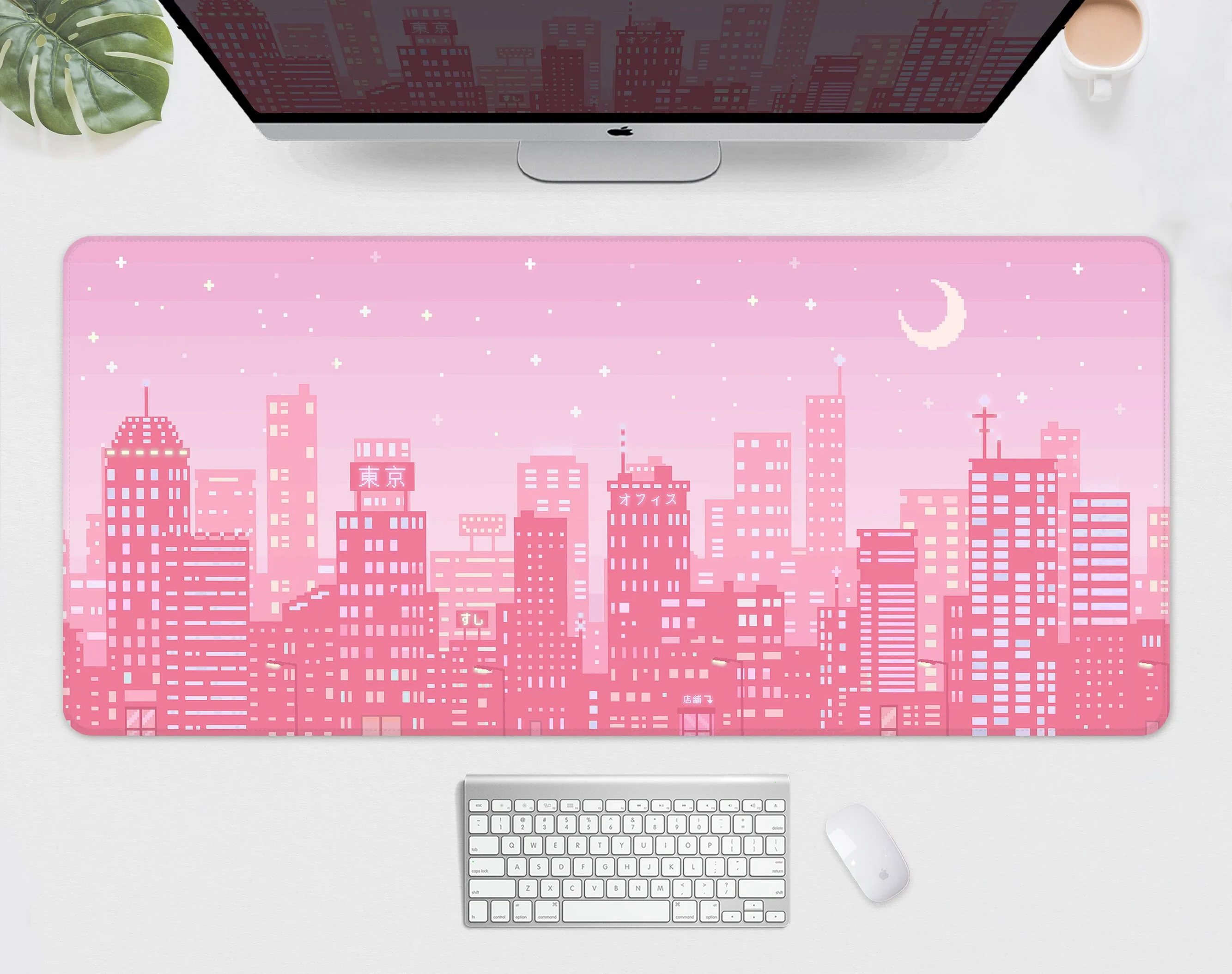 

Pastel Pink Desk Mat Mousepad Japanese Skyline Tokyo Pixel Art Cute Kawaii Anime Retro Vaporwave Gaming Deskmat Mouse Pad XXL
