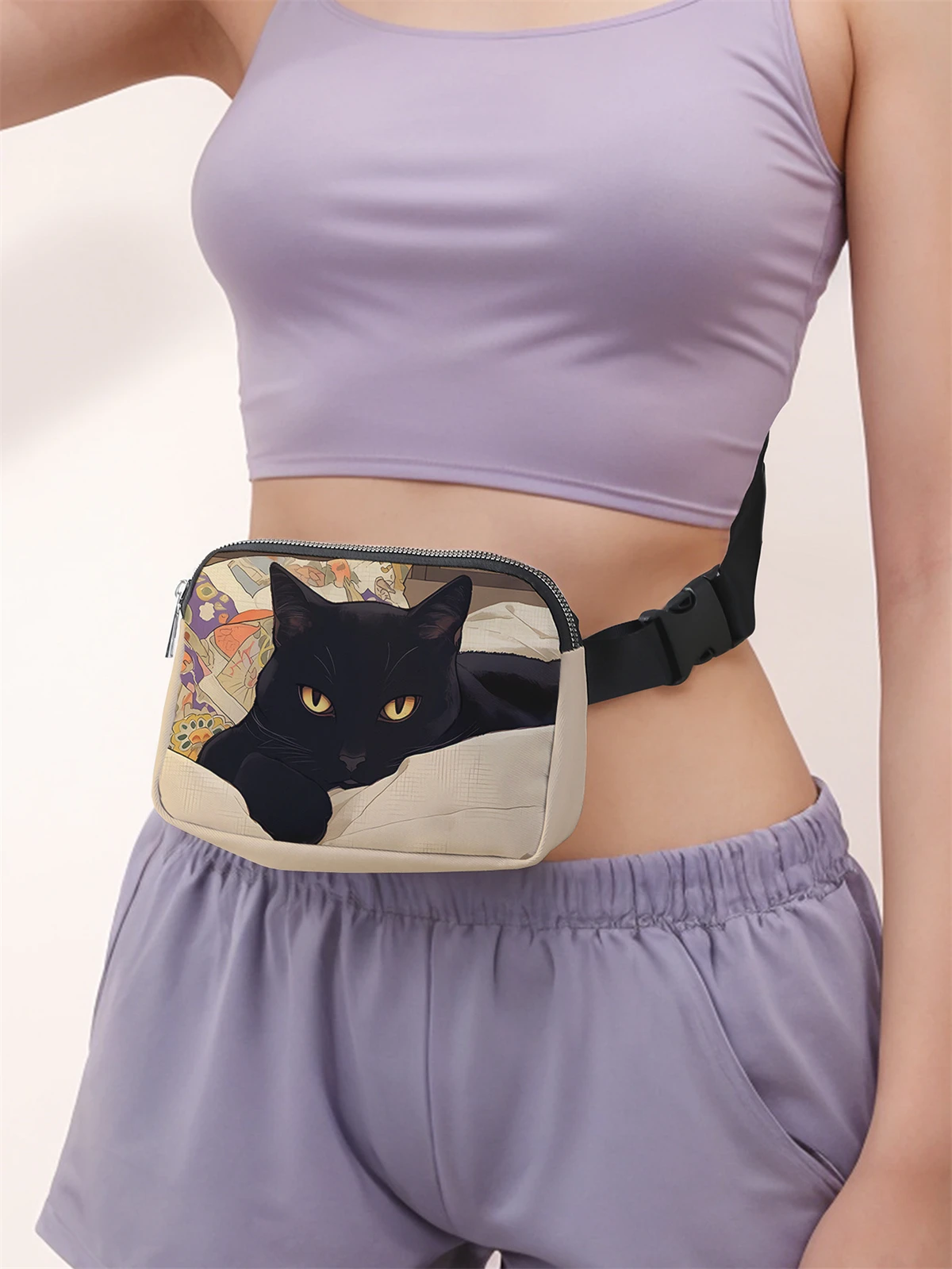 1-piece set, black cat pattern fashionable adjustable crossbody bag, neutral sports waist bag, suitable for running
