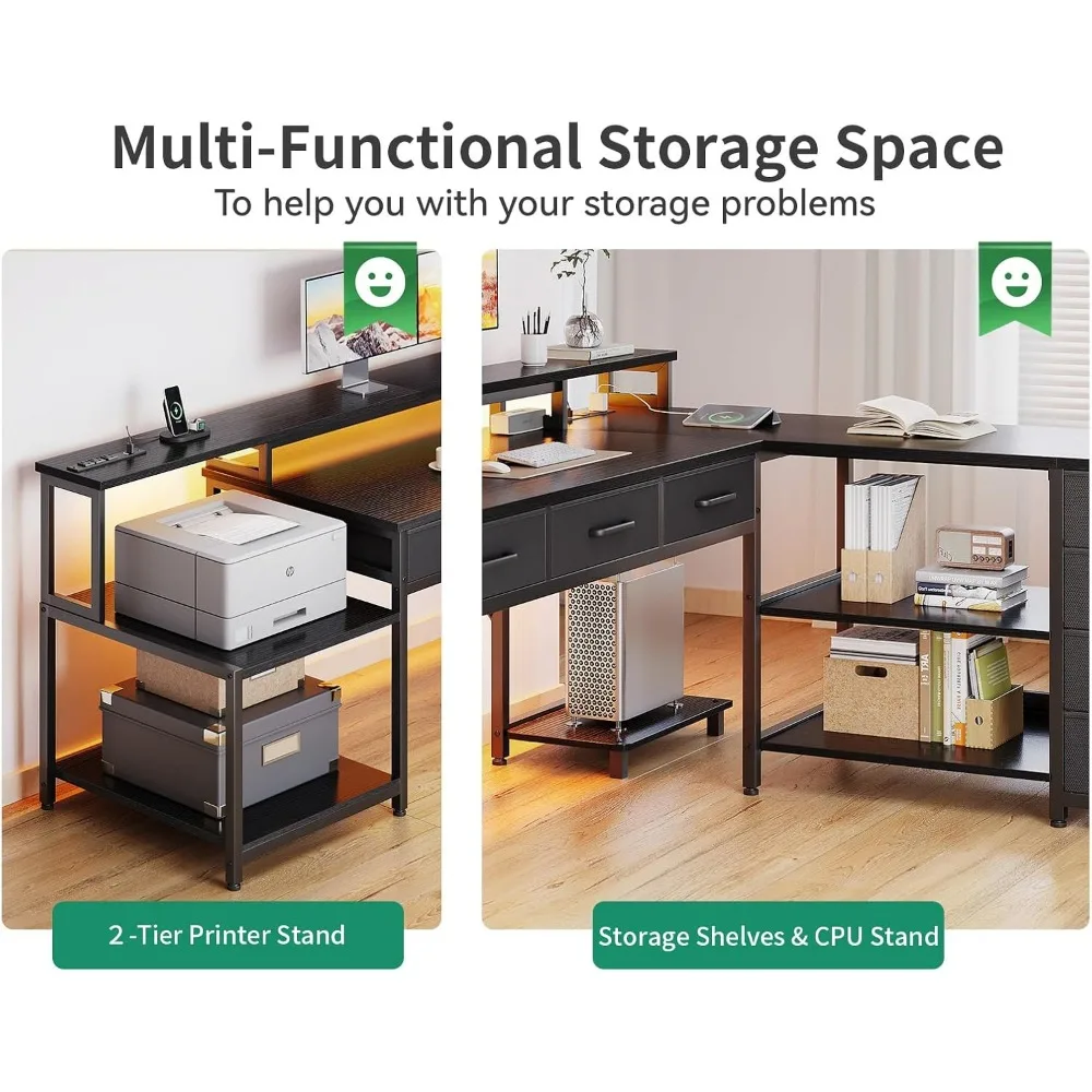 79" L Shaped Desk with 7 File Drawers, 2 Power Outlets & Monitor Shelf, Storage Shelves, LED Light, Black, Computer Desk 4