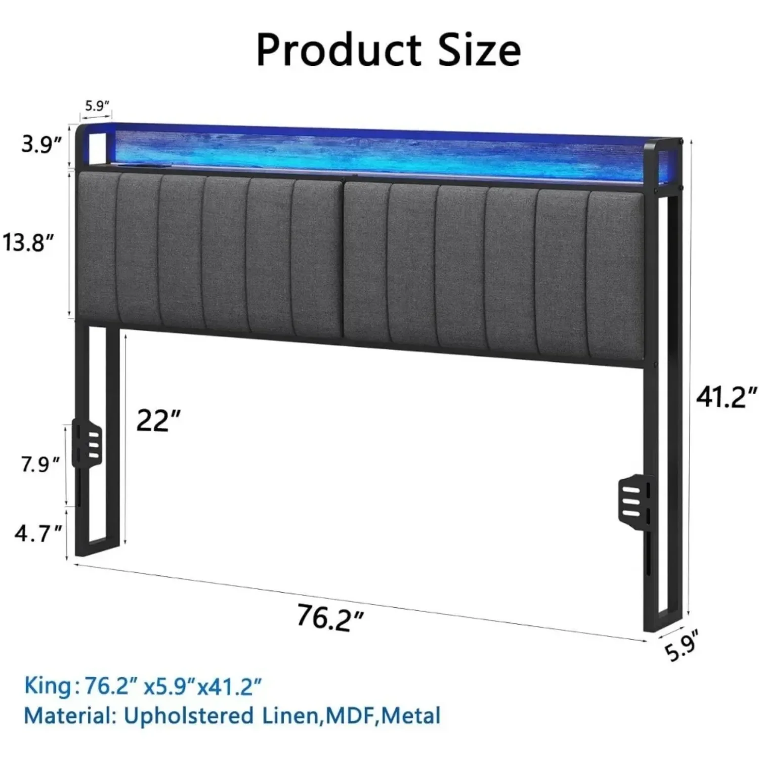 LED King Size Upholstered Headboard with Charging Station, King Storage Headboard Only, Attach Frame Height Adjustable