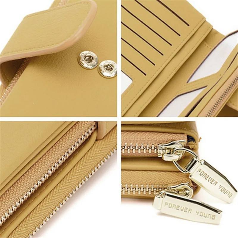 Women Long Wallet PU Leather Purse Female Three Folding Cell Phone Clutch Bag High Capacity Coin Purse Solid Color Card Holder 4