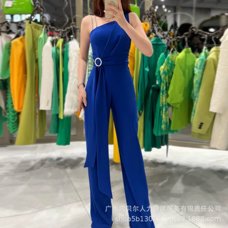 

Women Solid Rompers Oblique Neck Irregular Shoulder Strap Overalls Long Jumpsuit Wide Leg Pants One Piece 2023 Summer High Waist