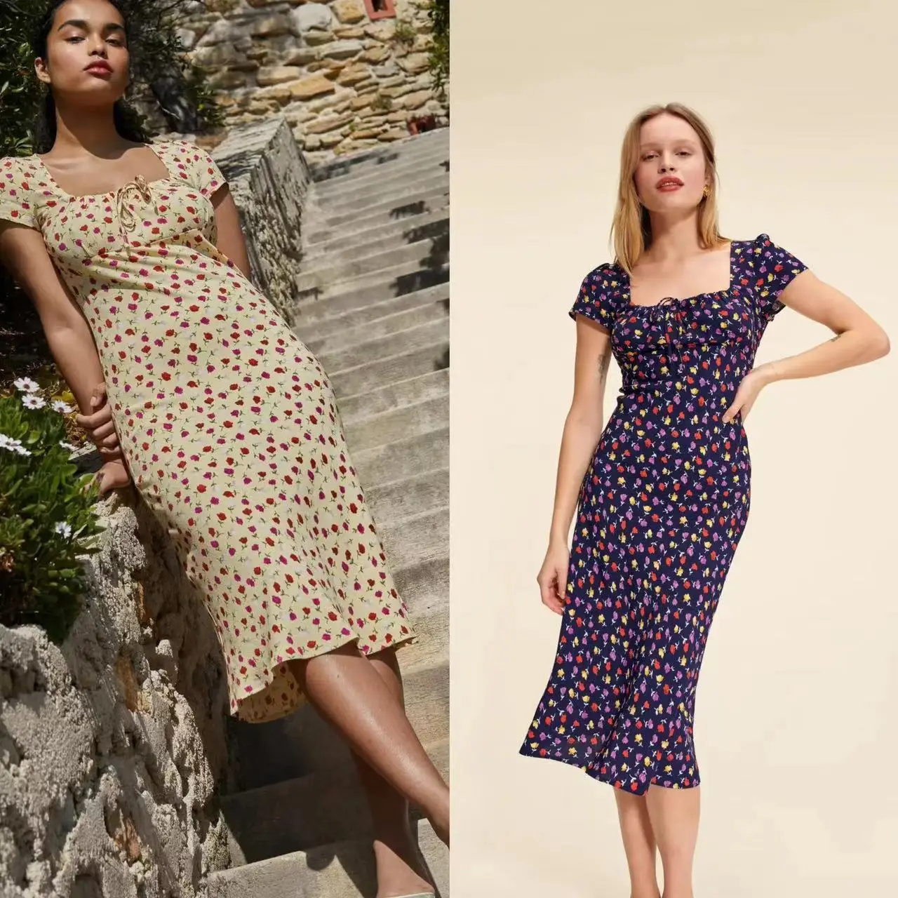 

RO2023 Summer New Style Square Collar Belted Bubble Sleeve Dress in Rural Style for Women