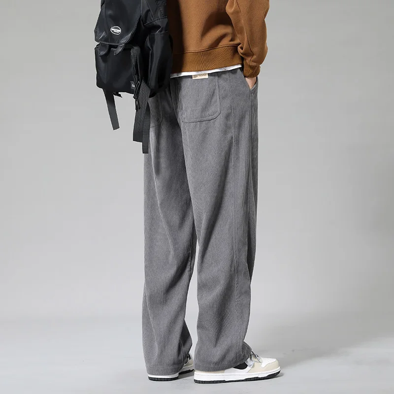Wide Leg Pants Men Autumn and Winter High Waisted Elastic Pocket Patchwork Drawstring Solid Color Loose Straight Leg Pants